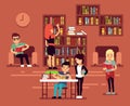 Bibliotheca, school library interior with student vector illustration Royalty Free Stock Photo