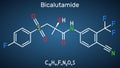 Bicalutamide molecule. It is nonsteroidal anti-androgen for prostate cancer. Structural chemical formula on the dark blue