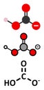 Bicarbonate anion, chemical structure. Common salts include sodium bicarbonate (baking soda) and ammonium bicarbonate