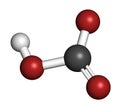 Bicarbonate anion, chemical structure. Common salts include sodium bicarbonate (baking soda) and ammonium bicarbonate. 3D