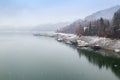 Bicaz lake side at the Izvorul Muntelui Dam, Romania, in winter day Royalty Free Stock Photo