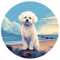 Tonalism Inspired Graphic Illustration Of Bichon Frise At Coney Island Beach