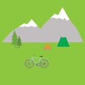 Bicycle, tent, fire and fir tree in the mountains Royalty Free Stock Photo