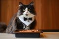 bicolor cat wearing a tuxedo bib eying a dish of gourmet cat pat