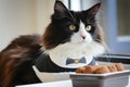 bicolor cat wearing a tuxedo bib eying a dish of gourmet cat pat