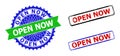 OPEN NOW Rosette and Rectangle Bicolor Watermarks with Unclean Surfaces Royalty Free Stock Photo