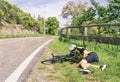 Bicycle accident on the road - Biker in troubles Royalty Free Stock Photo