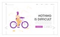 Bicycle Active Sport Life and Healthy Lifestyle Landing Page. Cyclist Woman in Sports Wear and Helmet Riding Bike
