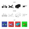 Bicycle, airplane, bus, helicopter types of transport. Transport set collection icons in black,flat,outline style vector