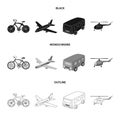 Bicycle, airplane, bus, helicopter types of transport. Transport set collection icons in black,monochrome,outline style