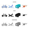 Bicycle, airplane, bus, helicopter types of transport. Transport set collection icons in cartoon,black,monochrome style