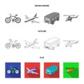 Bicycle, airplane, bus, helicopter types of transport. Transport set collection icons in flat,outline,monochrome style