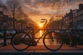 Bicycle amsterdam bridge sunset. Generate Ai Royalty Free Stock Photo