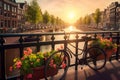 Bicycle amsterdam bridge sunset. Generate Ai