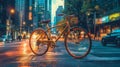 Bicycle on the background of a blurred city. Generative AI Royalty Free Stock Photo