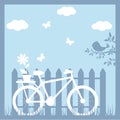 Bicycle on the background of a fence, paper cutting, summer illustration on layers for crafting