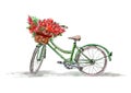 Bicycle,basket with flowers and coffee menu.White background. Royalty Free Stock Photo