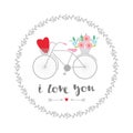 Bicycle with a basket of flowers and heart. Postcard template with Valentine`s Day.