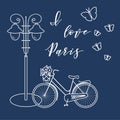 Bicycle with a basket of flowers, lantern, butterflies. The inscription I love Paris. Travel and leisure Royalty Free Stock Photo