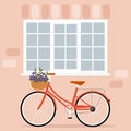 Bicycle with basket of flowers under the window. Royalty Free Stock Photo