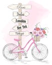 Bicycle with a basket full of flowers on background with butterflies and inscription I love my bike. Royalty Free Stock Photo