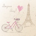 Bicycle with a basket full of flowers on the background Eiffel Tower in Paris. Royalty Free Stock Photo