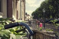 Bicycle with basket in picturesque street