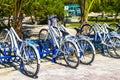 Bicycle Bicycles bike bikes parked at the beach entrance Mexico