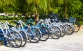 Bicycle Bicycles bike bikes parked at the beach entrance Mexico