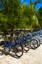 Bicycle Bicycles bike bikes parked at the beach entrance Mexico