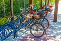 Bicycle Bicycles bike bikes parked at the beach entrance Mexico