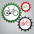 Bicycle, Bike sign. Vector. Three connected gears with icons at