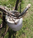 Bicycle and the bin of aluminum for transporting the freshly mil Royalty Free Stock Photo