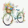 Bicycle with a bouquet of spring flowers Watercolor AI Generated