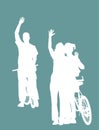 Bicycle boy waving hands greeting to bike girl friends vector silhouette illustration isolated Royalty Free Stock Photo