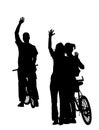 Bicycle boy waving hands greeting to bike girl friends vector silhouette illustration isolated Royalty Free Stock Photo