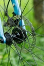 Bicycle brake disc rotor, close-up. Selective focus Royalty Free Stock Photo