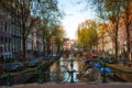 Bicycle on the bridge with Netherlands traditional houses and Amsterdam canal in Amsterdam ,Netherlands Royalty Free Stock Photo