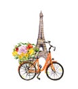 Bicycle with flowers in basket, Eiffel tower in Paris, France. Watercolor