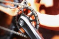 Bicycle chain and chrome pedal closeup. Bicycle spare parts Royalty Free Stock Photo