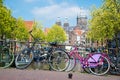 Bicycle on the city street river channel bridge in Amsterdam