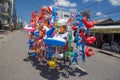 bicycle with colorful balloons on the street.