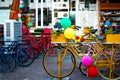 Bicycle with colorful flowers basket next to a tandoori tea restaurant