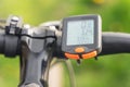 Bicycle computer mounted on a bicycle handlebar Royalty Free Stock Photo