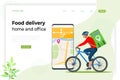 Bicycle courier, Express delivery service. Courier on bicycle with parcel box on the back delivering food In city Royalty Free Stock Photo