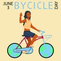 Bicycle day greeting card. Happy woman on bike. Cartoon girl riding and waving hand. Young African female character Royalty Free Stock Photo