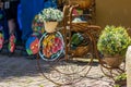 Bicycle with decorative flower pot. Crafts to decorate home Royalty Free Stock Photo