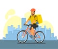 Bicycle delivery logistics courier. Bike messenger bearded male character hipster style. Blue yellow colors. Isolated on Royalty Free Stock Photo