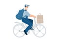 Bicycle delivery man with parcel box on the back. Ecological city bike food delivering service concept with courier