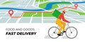 Bicycle delivery ordering service banner design template. Route with geotag location pins on city map and fast carrying